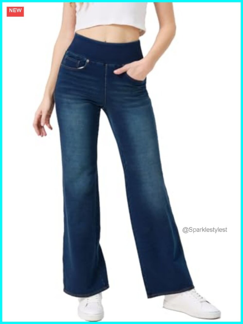 High Waisted Bell Bottom Pull On Jeans Tummy Control Denim